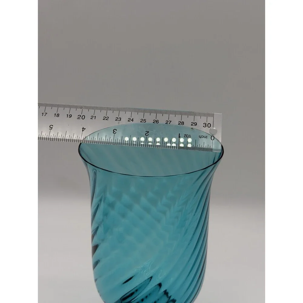 Empoli Italy Handblown Art Glass Diamond Optic Teal Pedestal Vase 8.5” Swirl